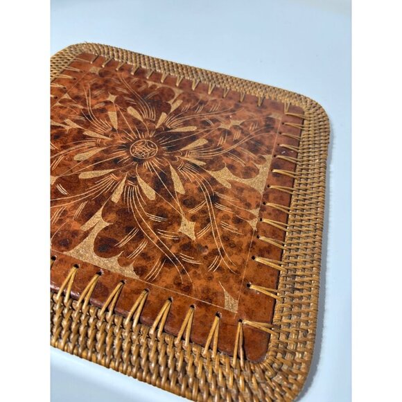 Vtg Pier 1 Rattan Tile Trivet Embossed Floral Design Hot Plate Boho Kitchen Deco - Picture 2 of 5
